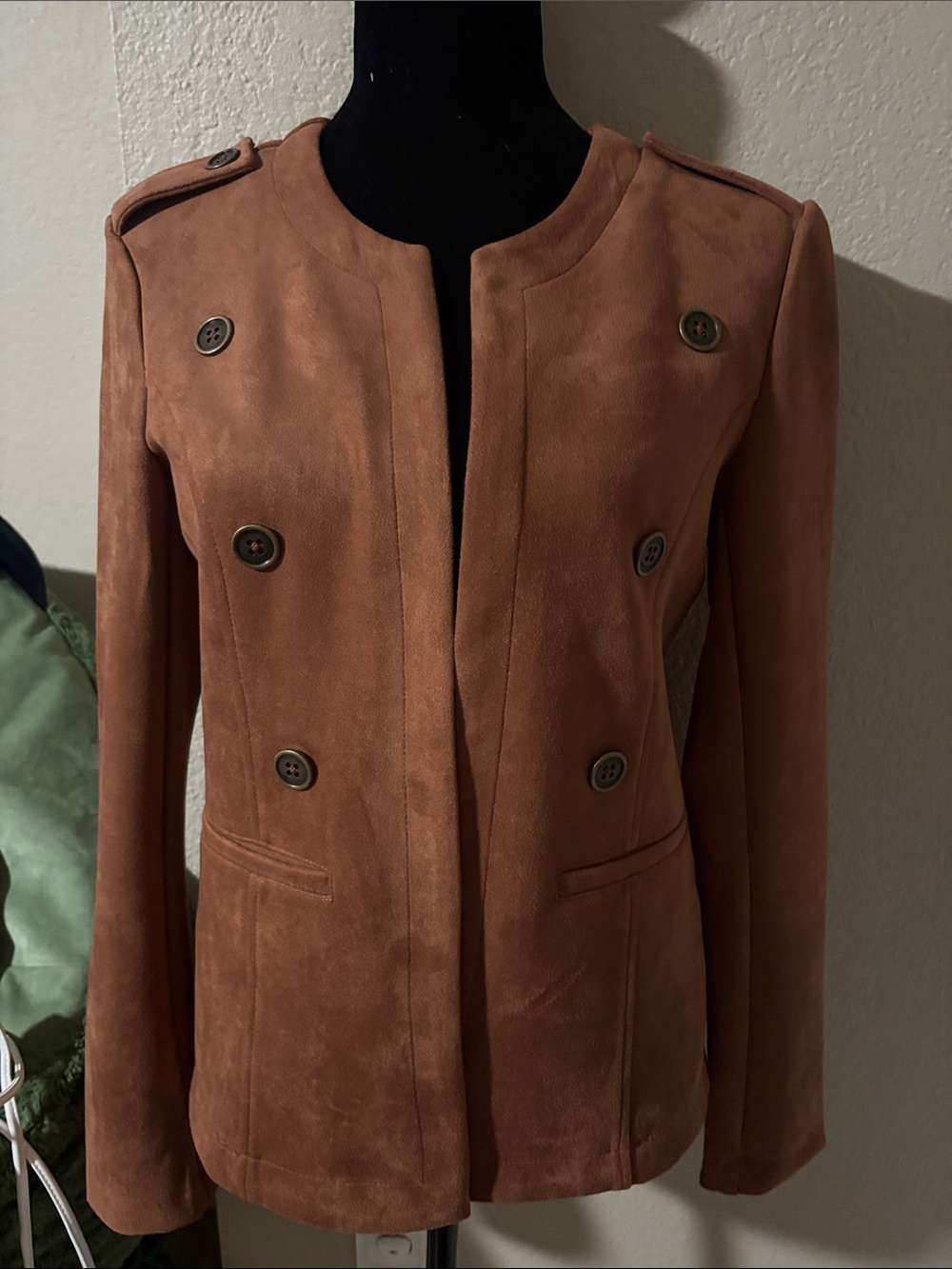 Tahari Double-Breasted Suede-Look Blazer in Rust